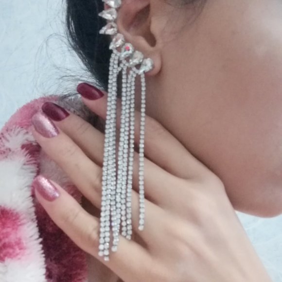 Long Tassel Rhinestone Drop Earrings - Picture 5 of 15